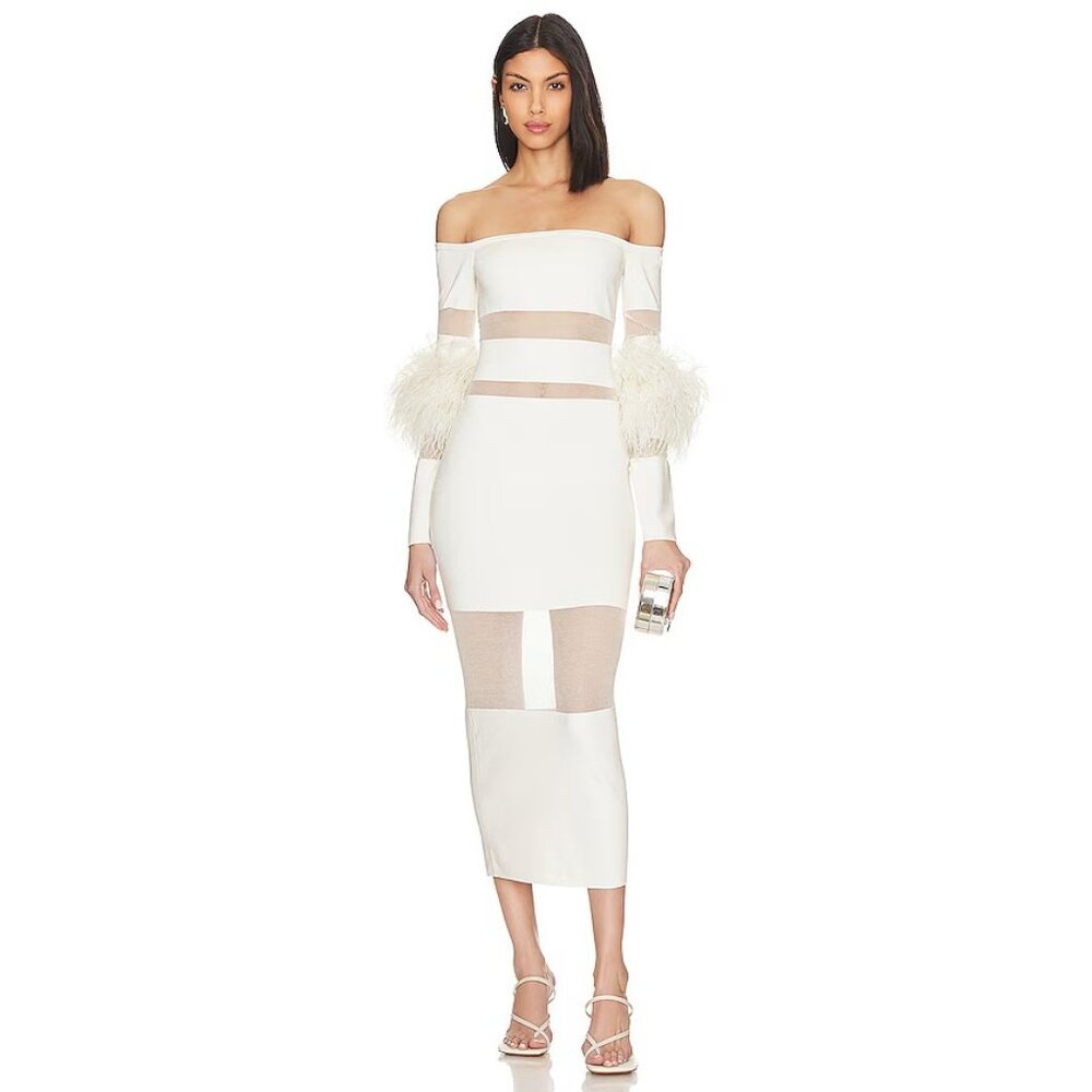 Lapointe Sheer Cotton Viscose Intarsia Ostrich Dress Cream Feather